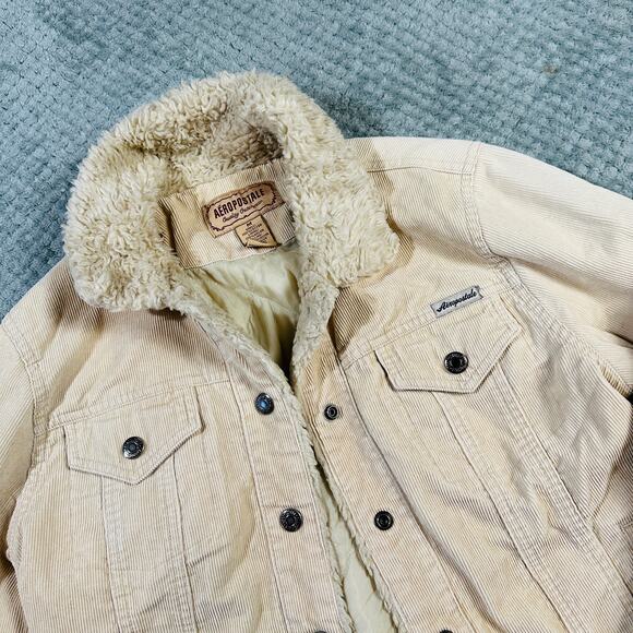 Vintage y2k aeropostale light tan corduroy sherpa collar button down jacket M - Picture 2 of 5